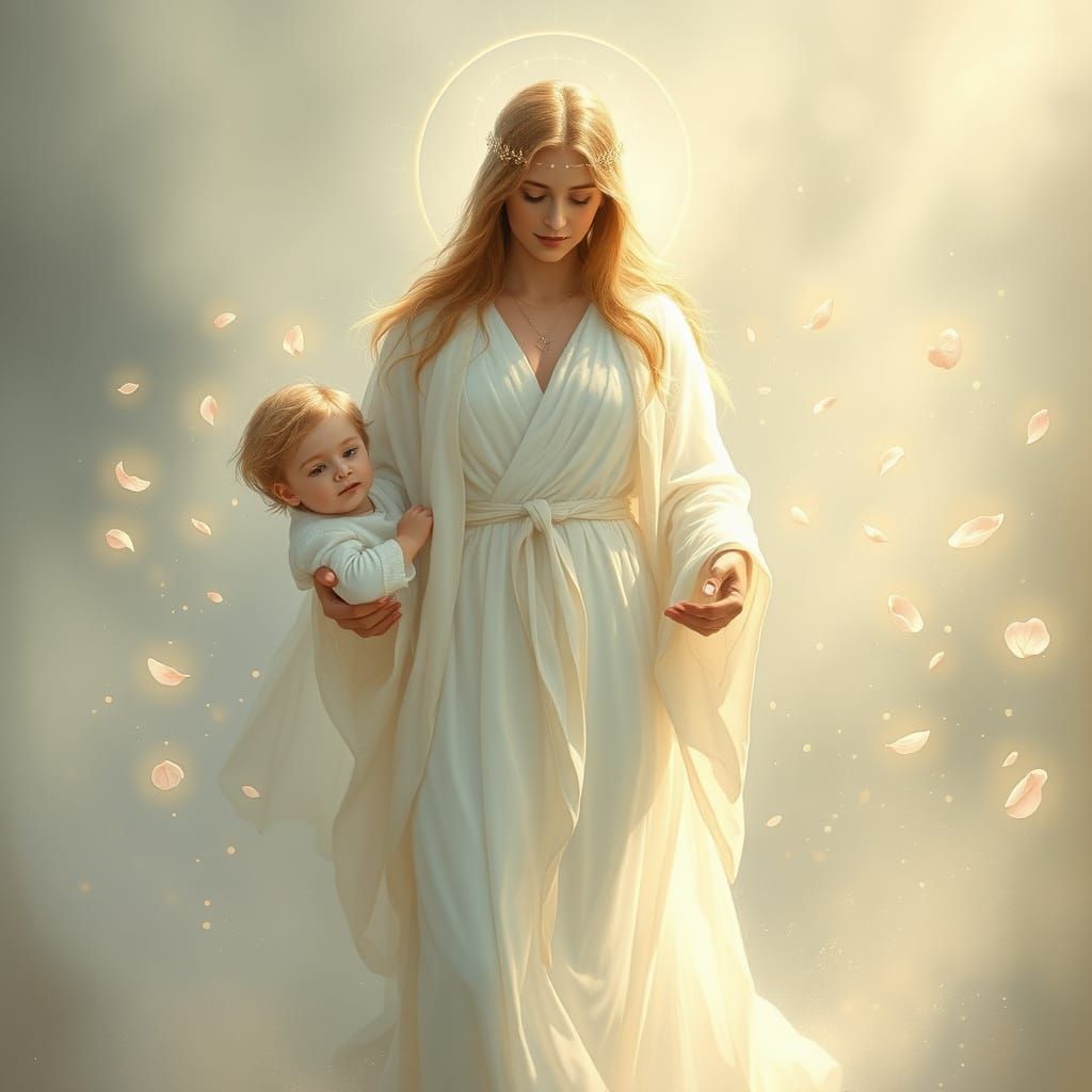 Mother and Children in Whimsical Fantasy Scene