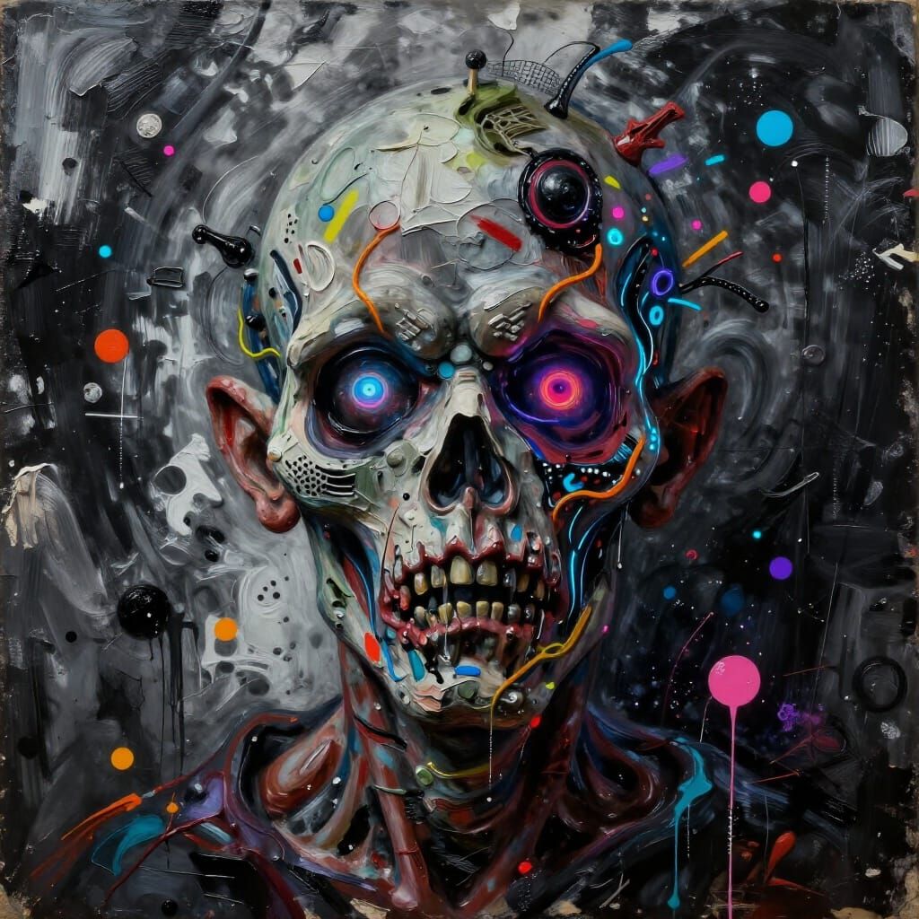 Eerie Mutant Zombie Head in Abstract Expressionist Style