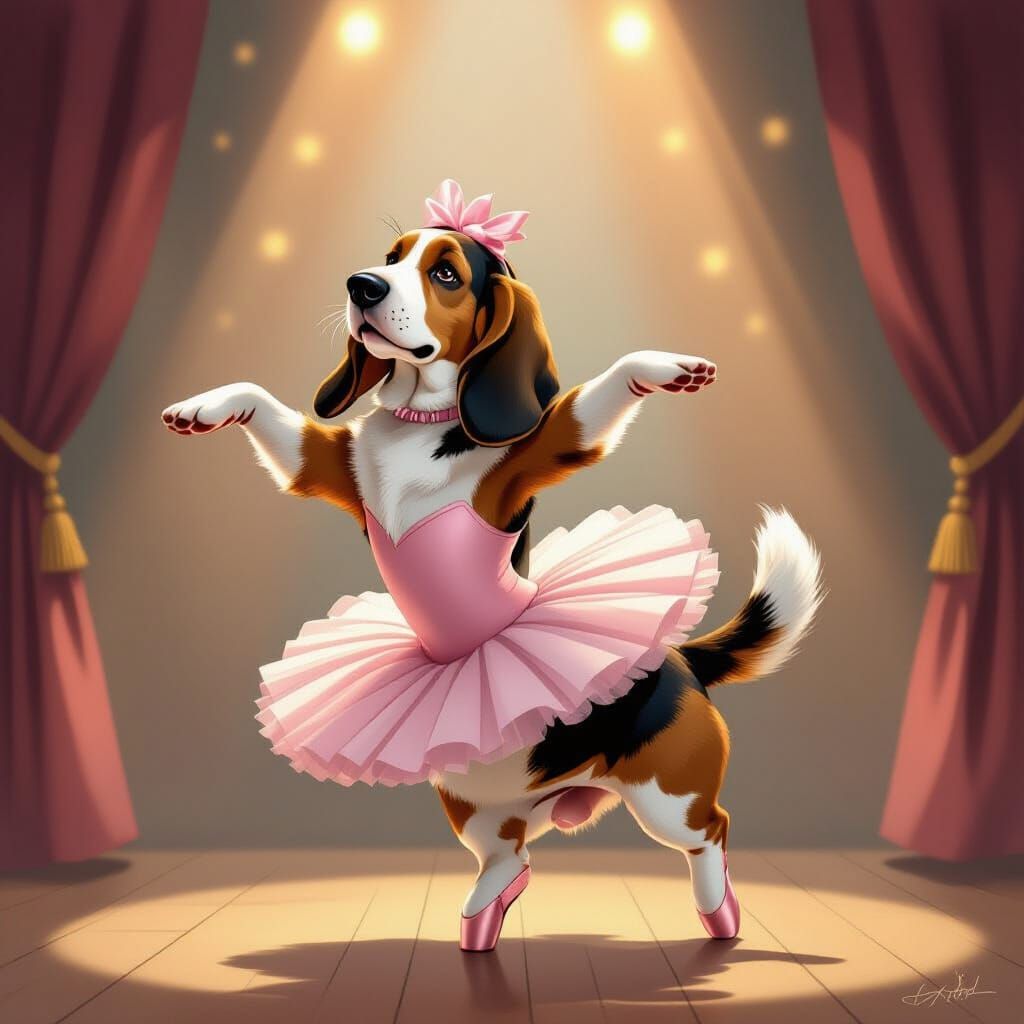 Basset Hound Ballerina Pirouettes on Stage