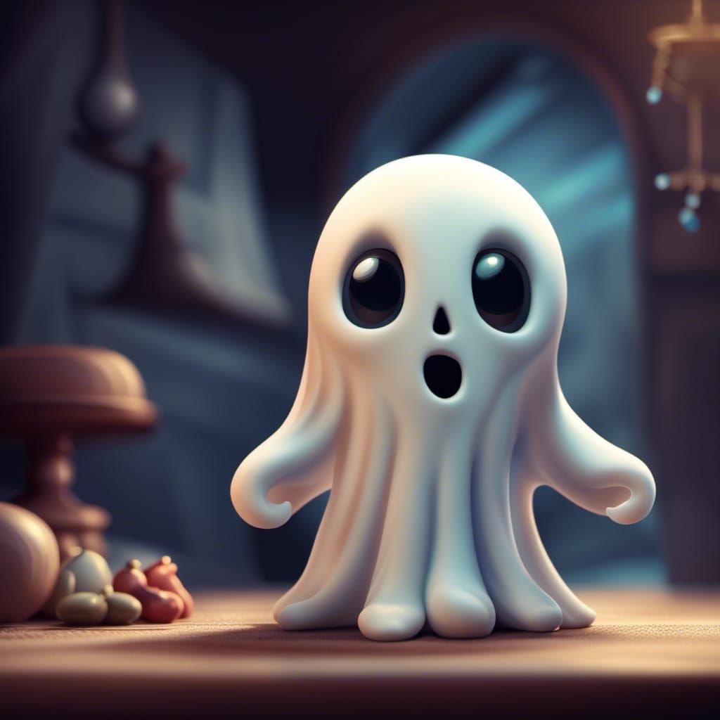 A claymation amazingly cute ghost, an adorable ghost in a haunted house in stop motion style and claymation style, Behan...