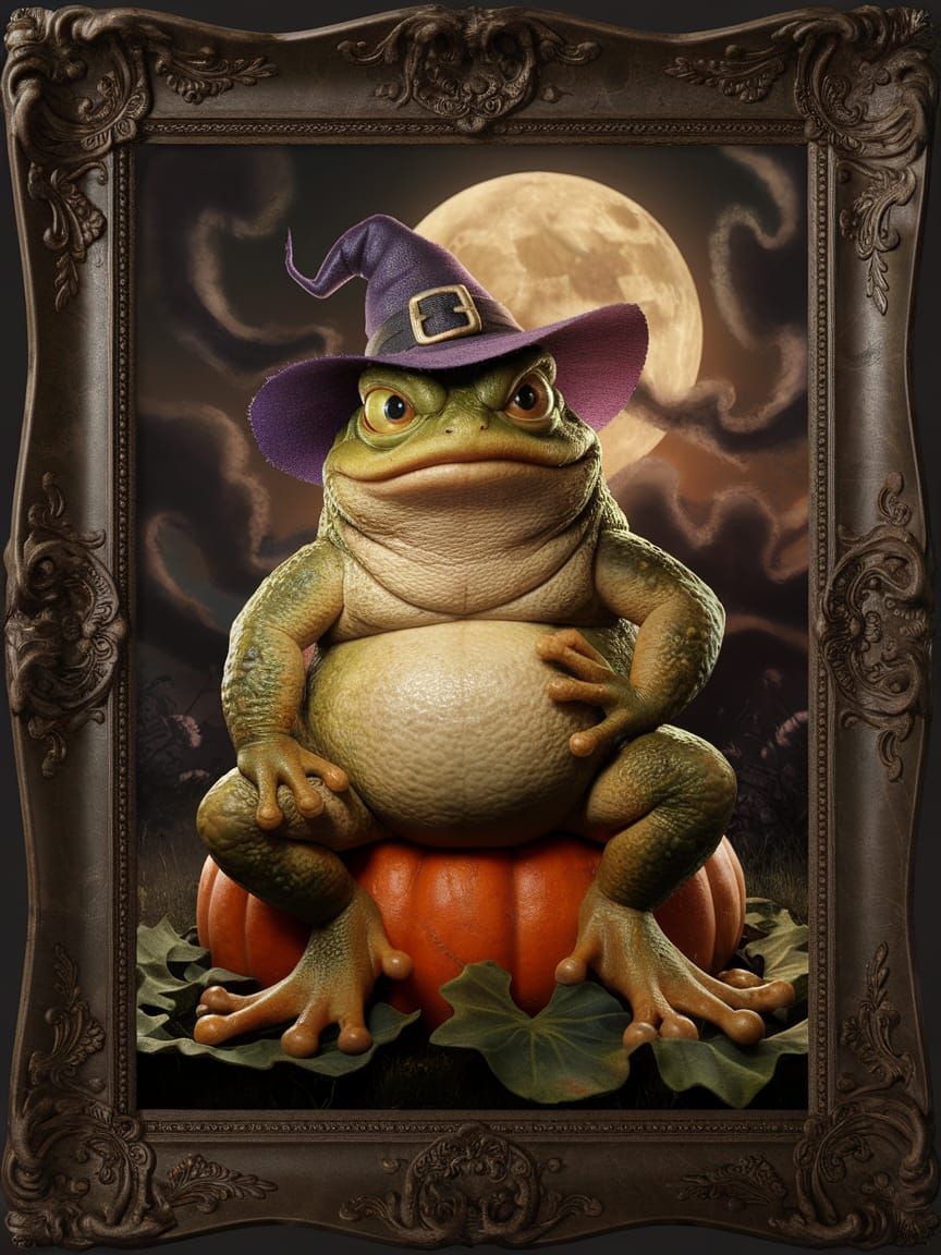 Toad in Witch Hat on Pumpkin: Classical Oil Painting