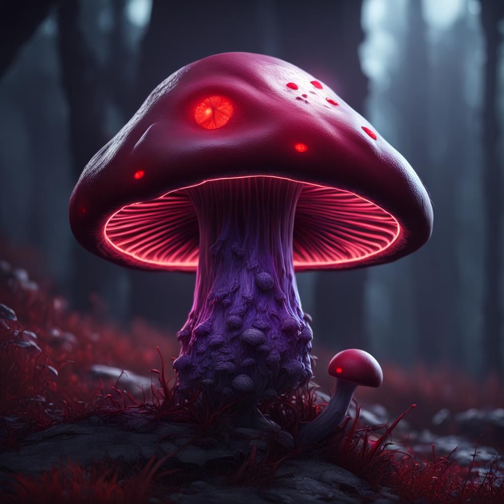 Fantastical Purple Mushroom with Neon Eyes