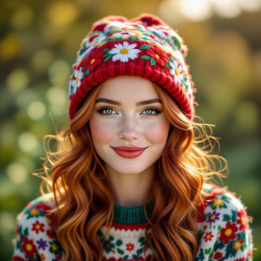 Vibrant Portrait of a Woman with Red Hair and Embroidered Ha...