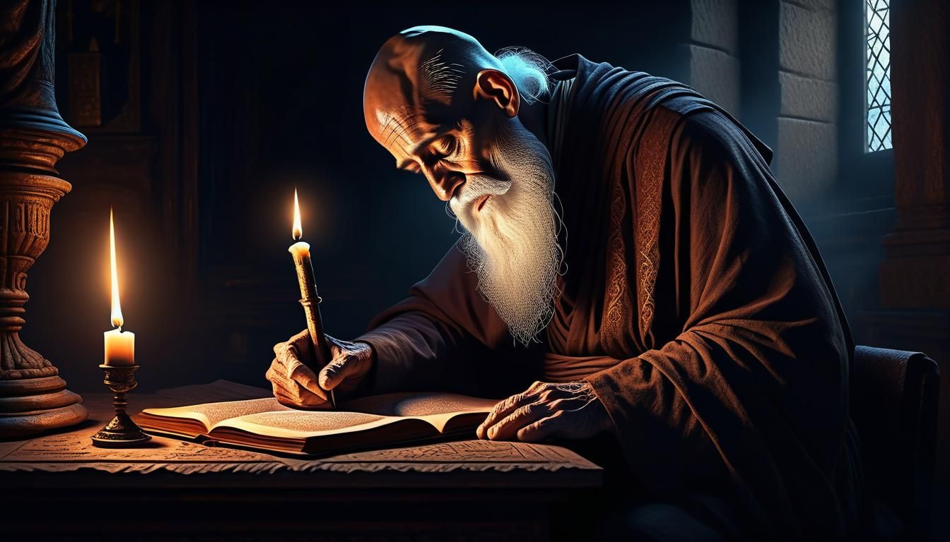 Monk Writing by Candlestick in Ancient Convent