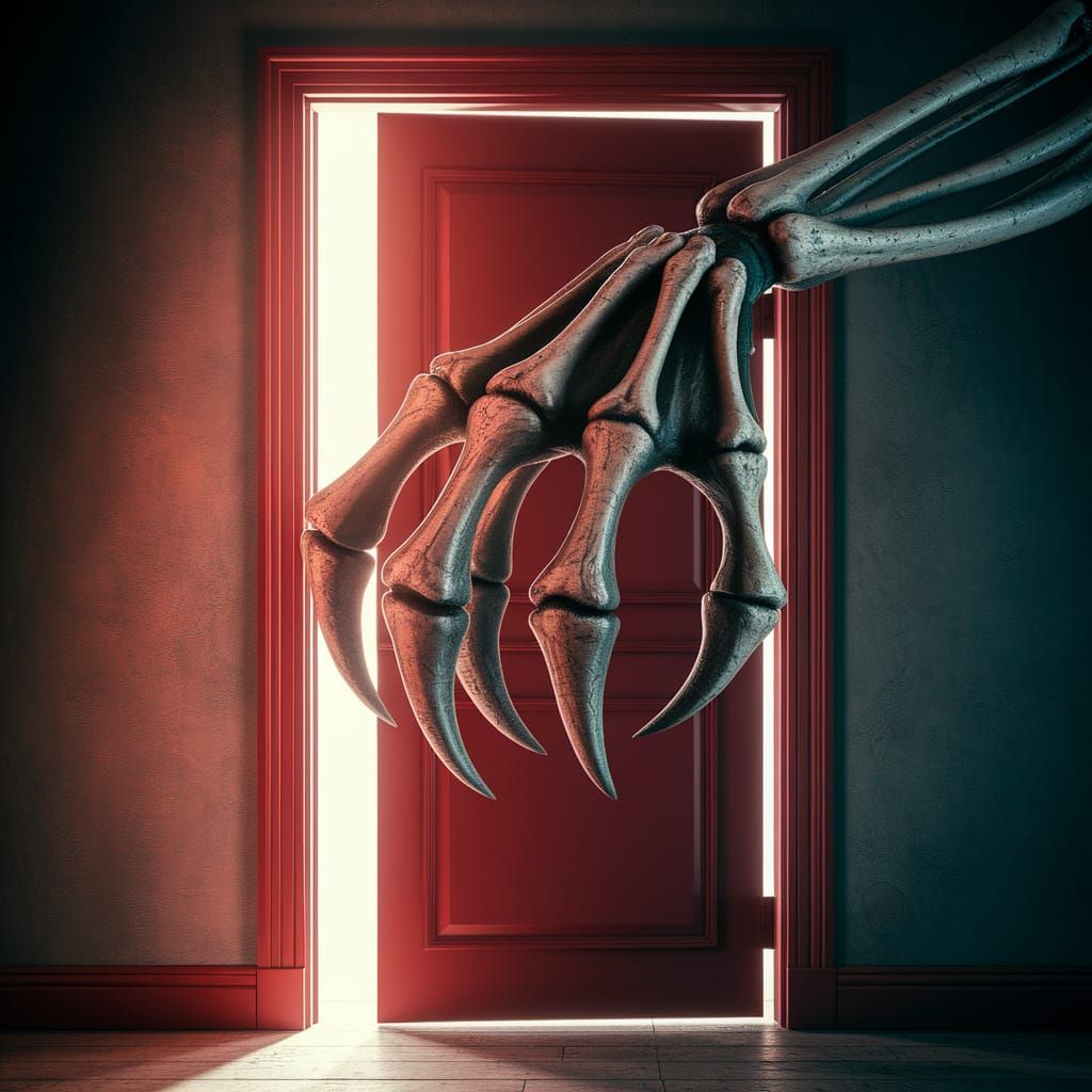 Terrifying Bony Hand Reaching From Red Door