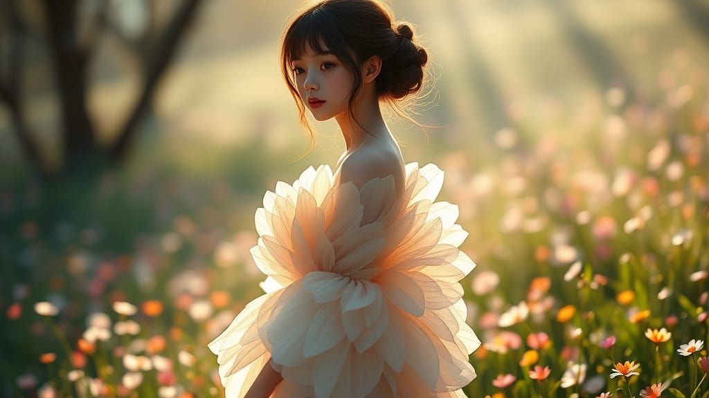 Young Woman in Ethereal Dress, Amidst Vibrant Meadow