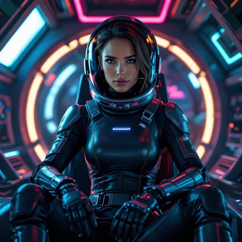 Confident Space Explorer in Cyberpunk Cockpit