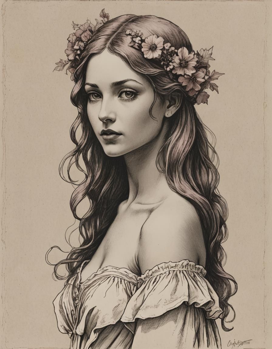 Elegant Line Drawing of a Magenta-Haired Woman