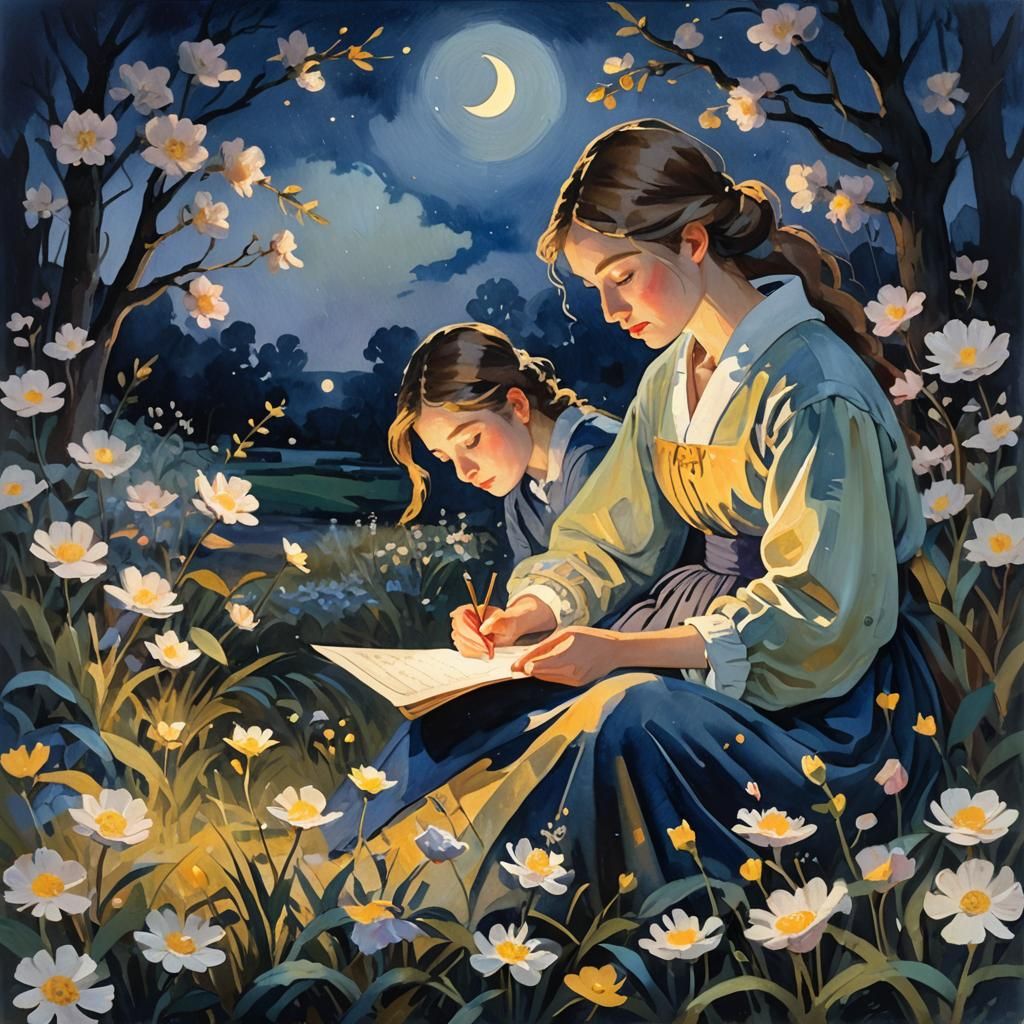 Impressionist Woman Reads Letter in Moonlight