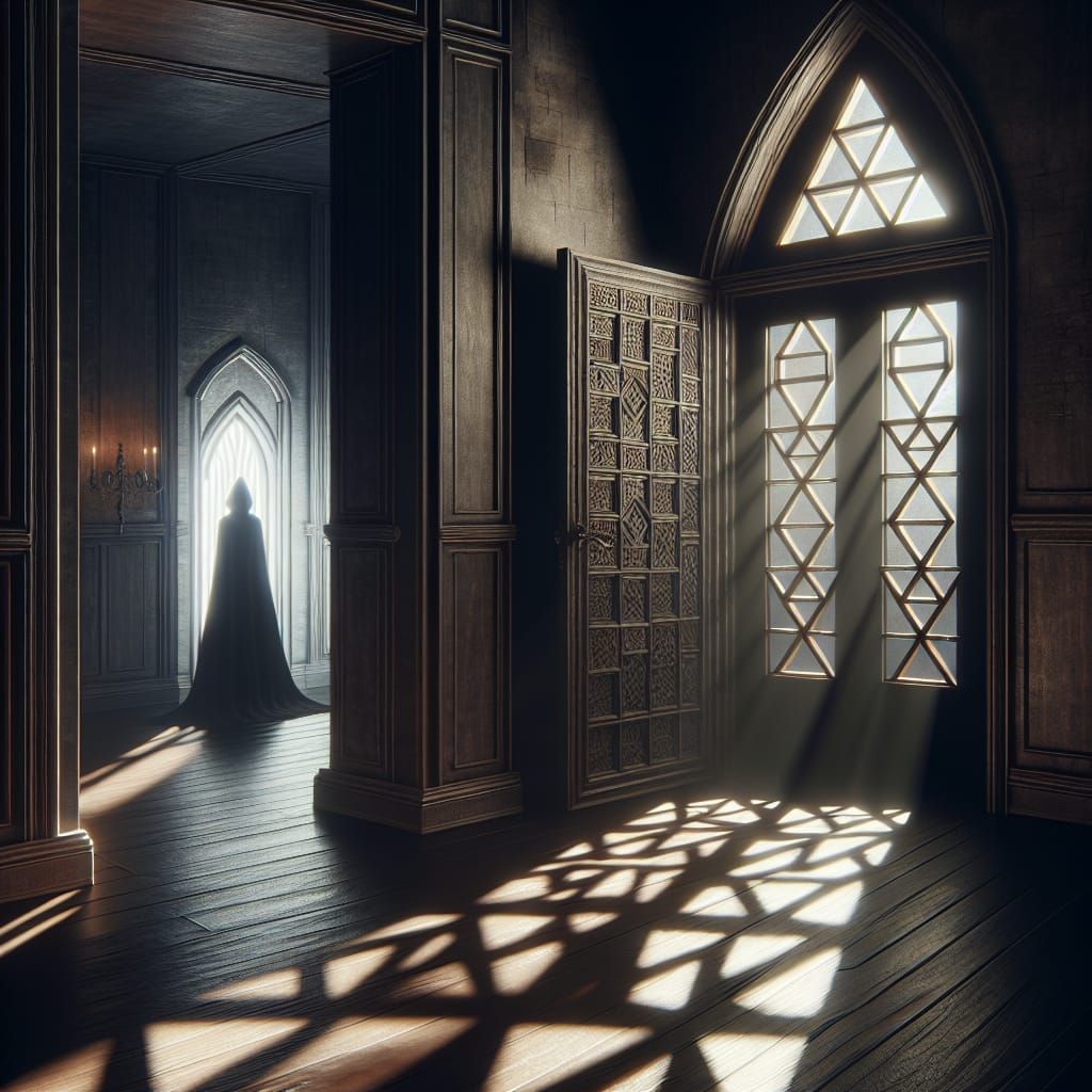 Ethereal Dark Fantasy Interior with Triangular Window