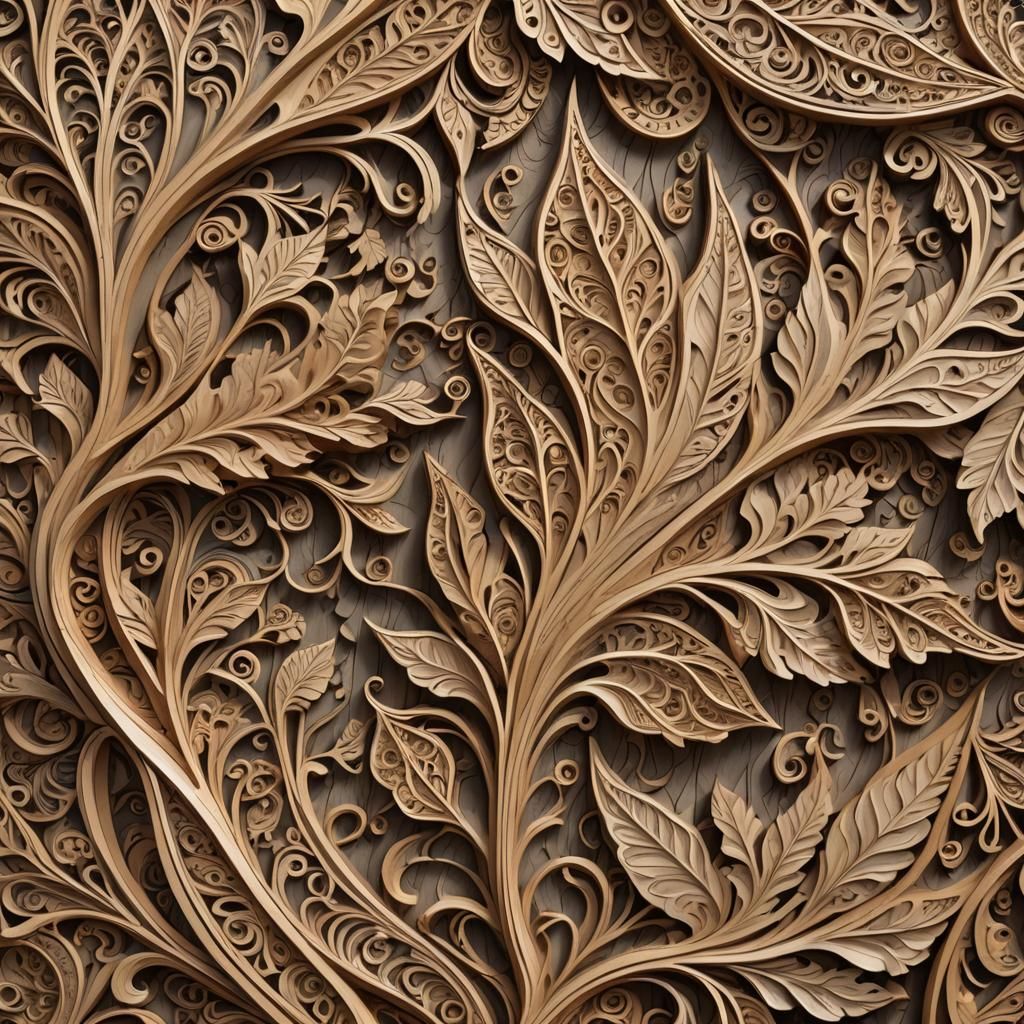 Intricate Wood Carving of Animals and Fractals