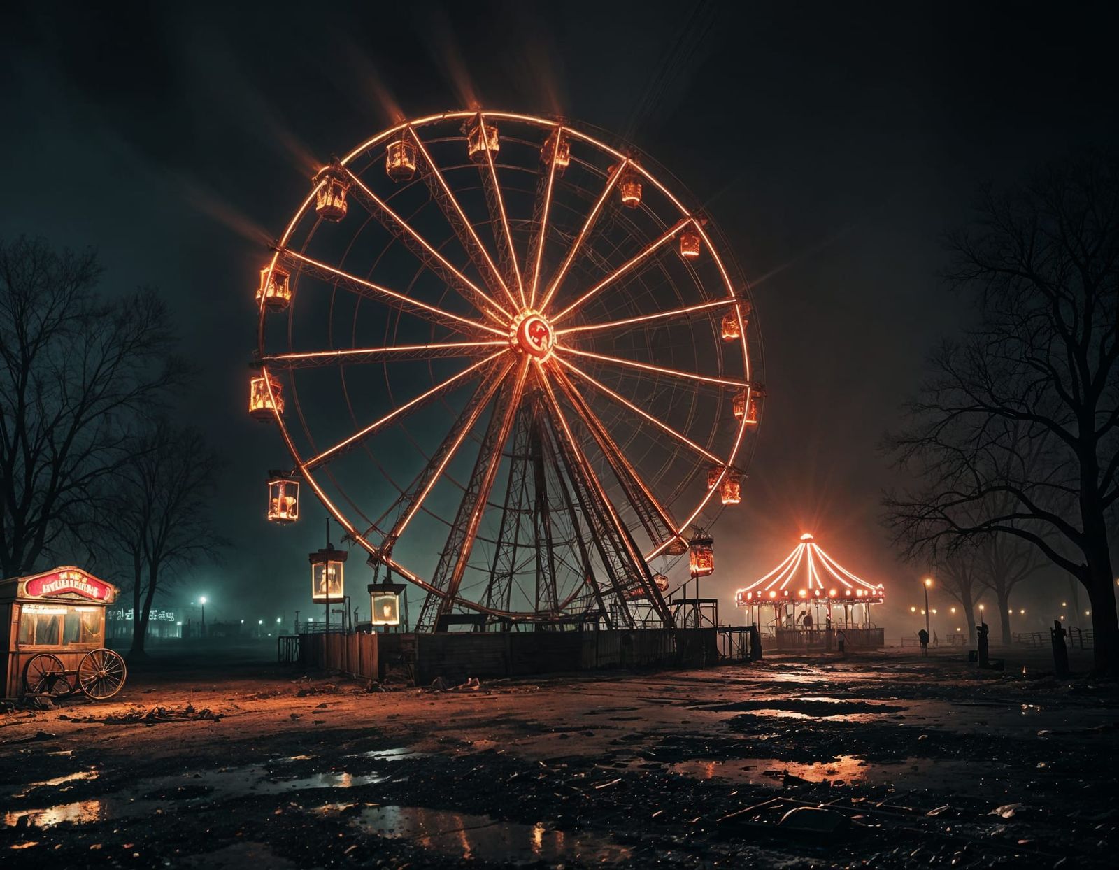 Abandoned Carnival: Broken Ferris Wheel at Midnight