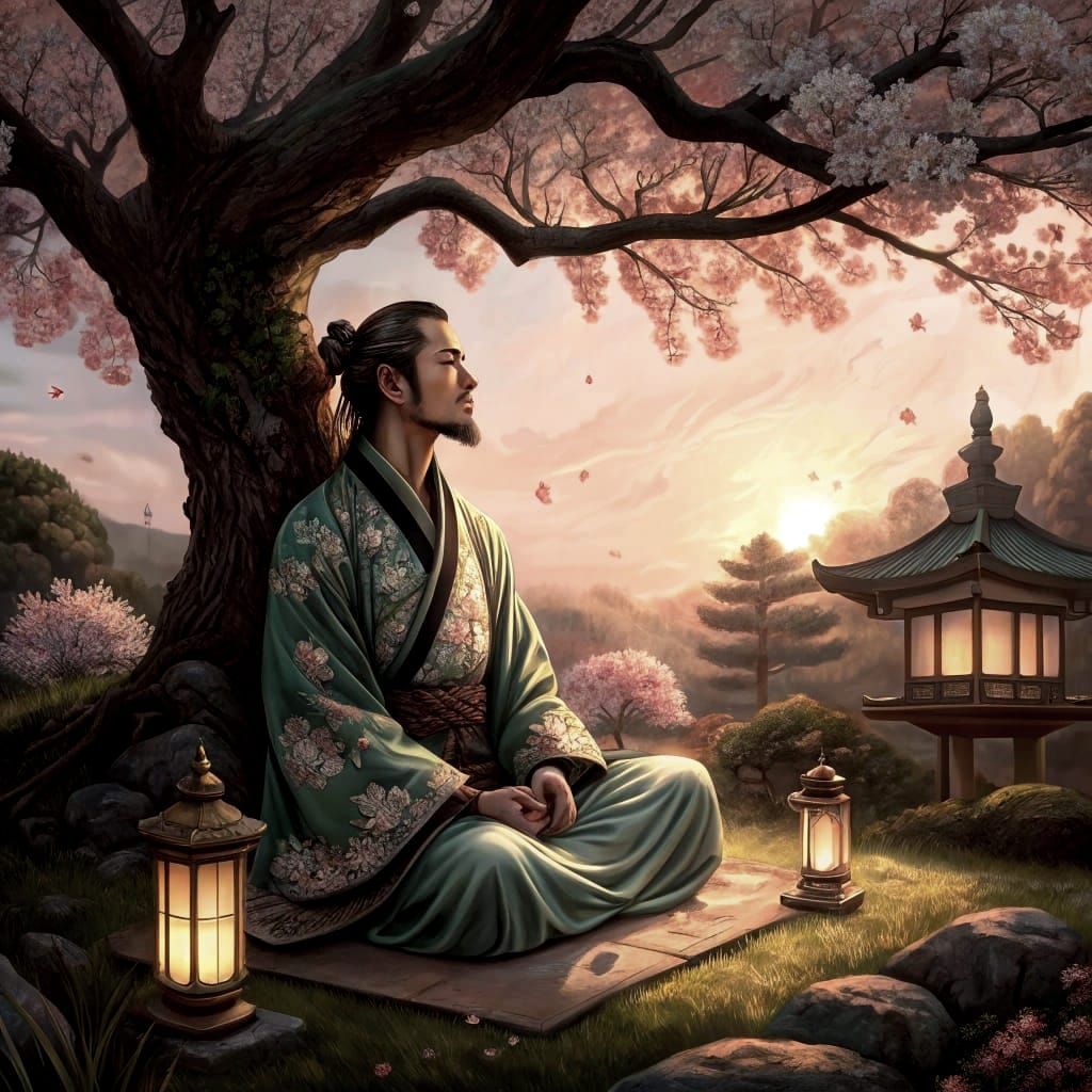 Meditative Cultivator in Zen Garden at Sunset