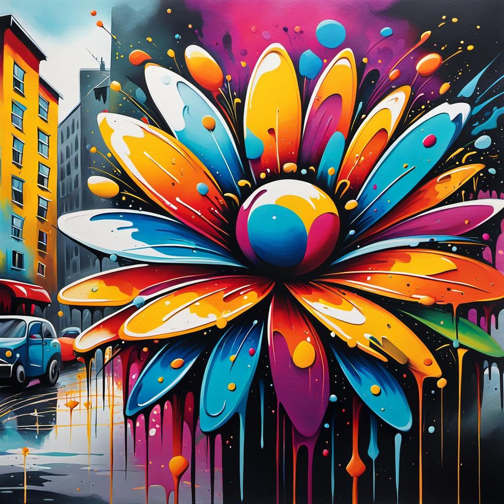 Cartoon Flower Dancing in Vibrant Graffiti Street Art
