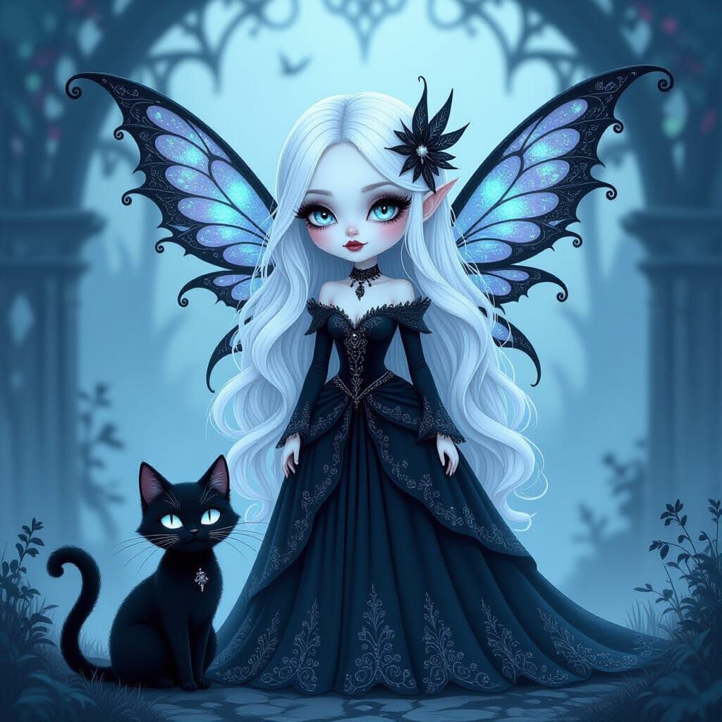 Gothic Fairy with Black Cat in Eerie Style