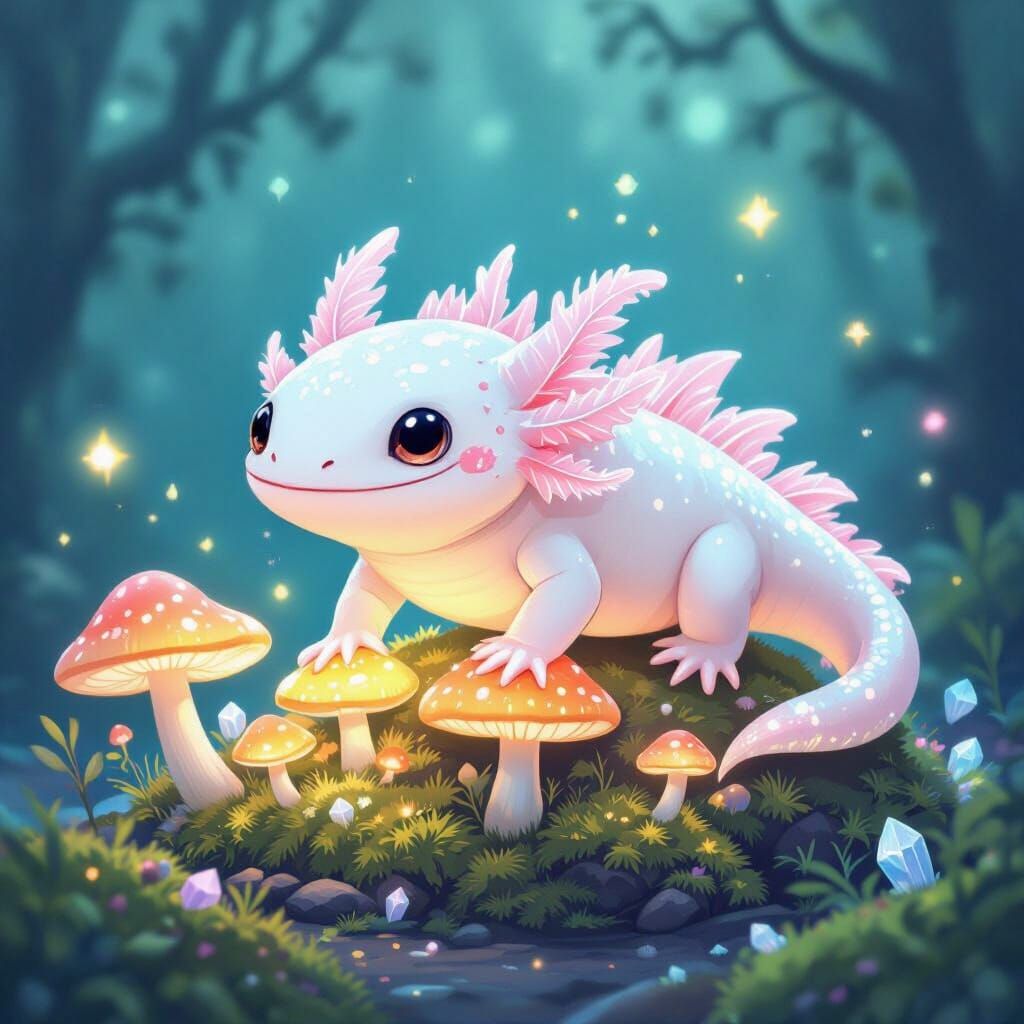 Bioluminescent Axolotl-Dragon in Ghibli-Inspired Grotto