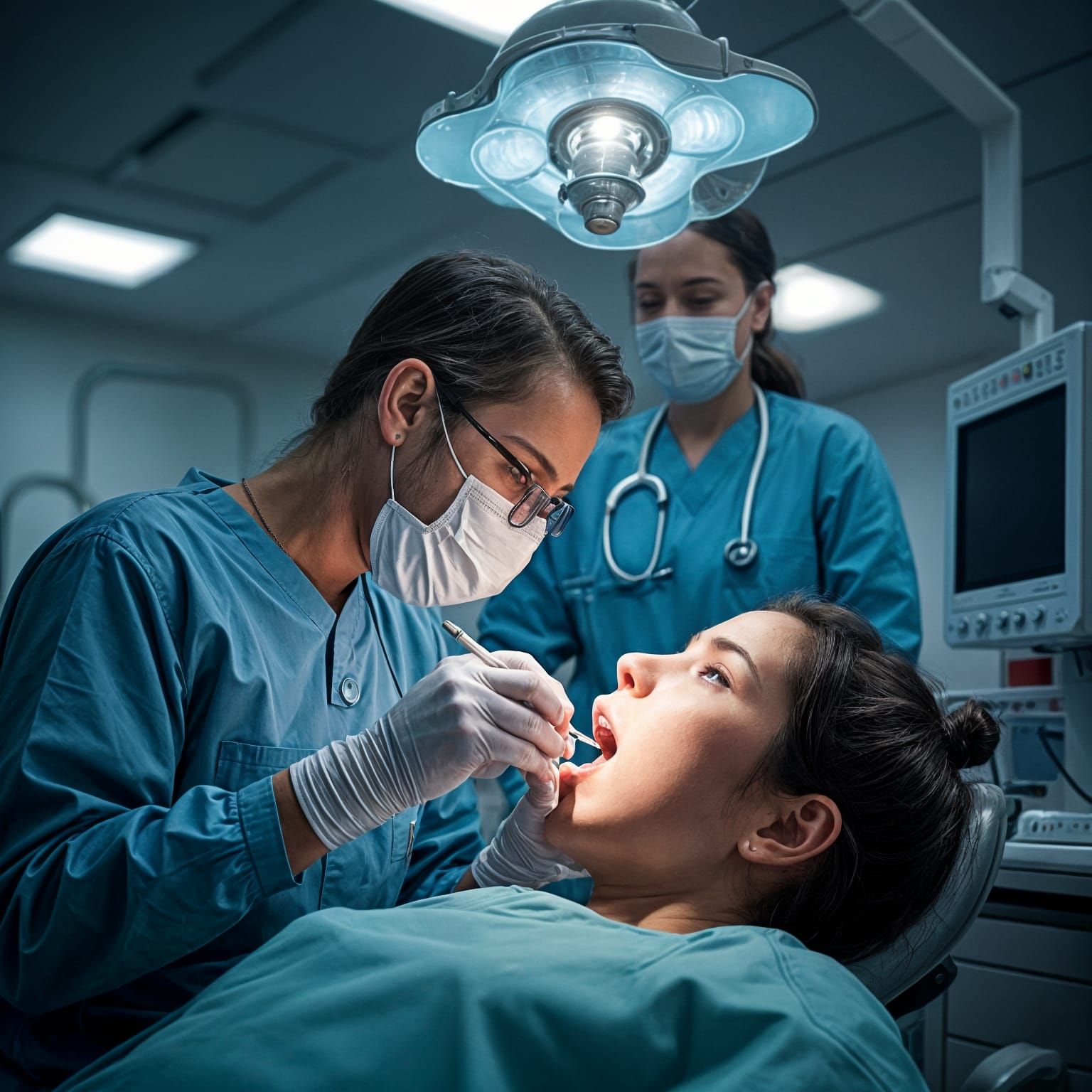 Concentrated Dentist Working on Patient, Matte Painting