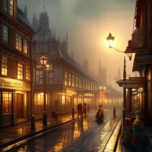 Vintage Cityscape in Evening Light, Watercolor Style