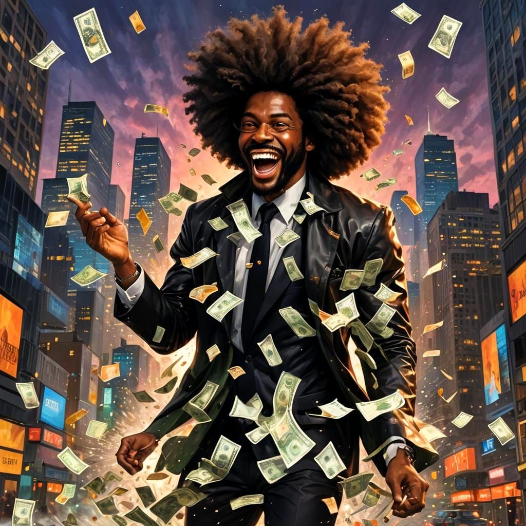 Man Tosses Cash in Cityscape: Hyperrealistic Splash Art