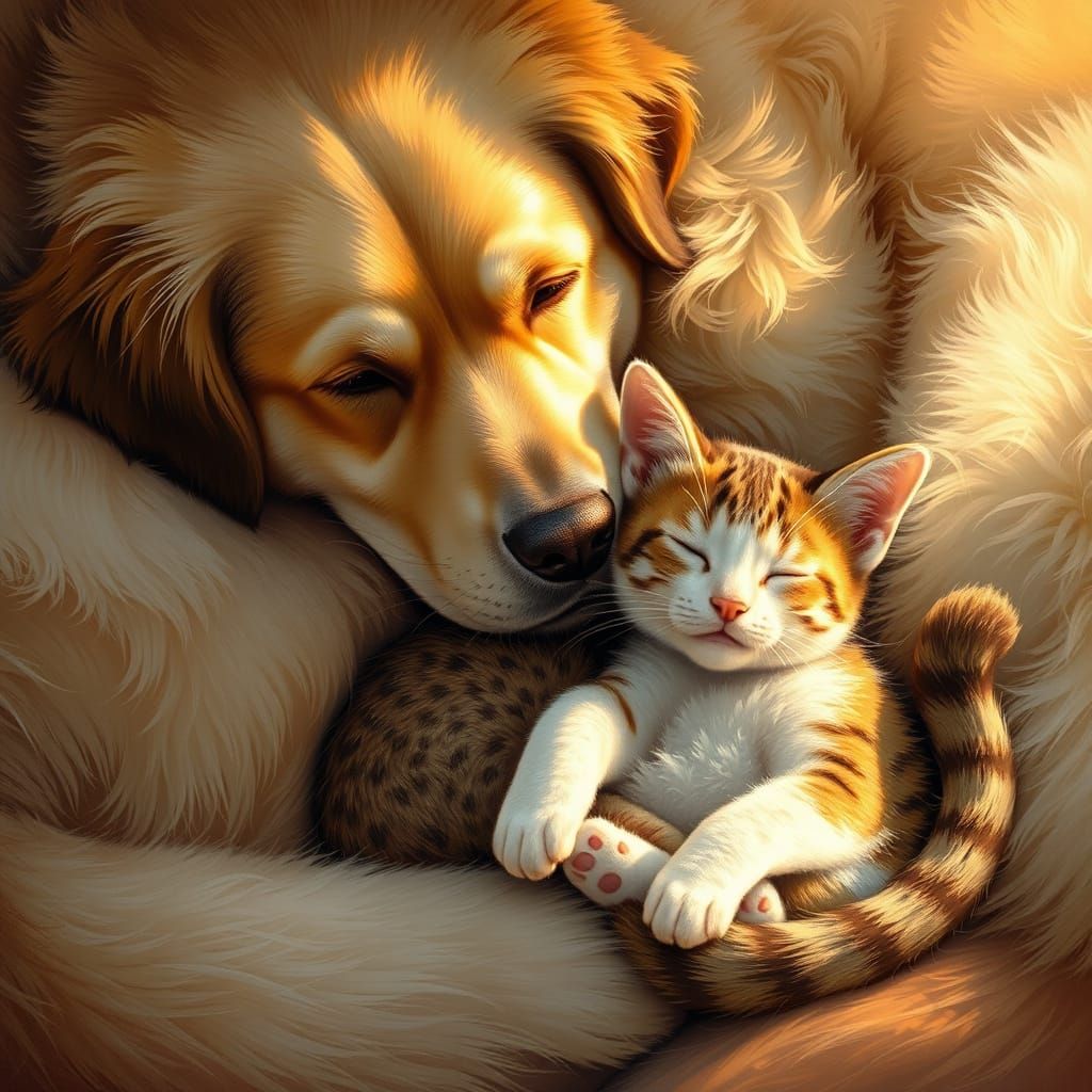 A Gentle Giant and Feline Friend Snuggle Up Together