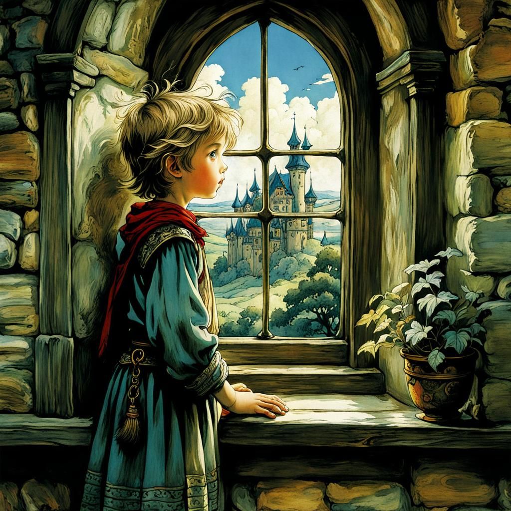 Surprised Child Stares Out Window into Fantasy World