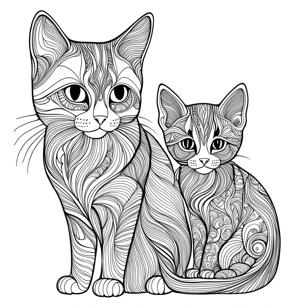 Abstract Line Art of Cat and Kitten