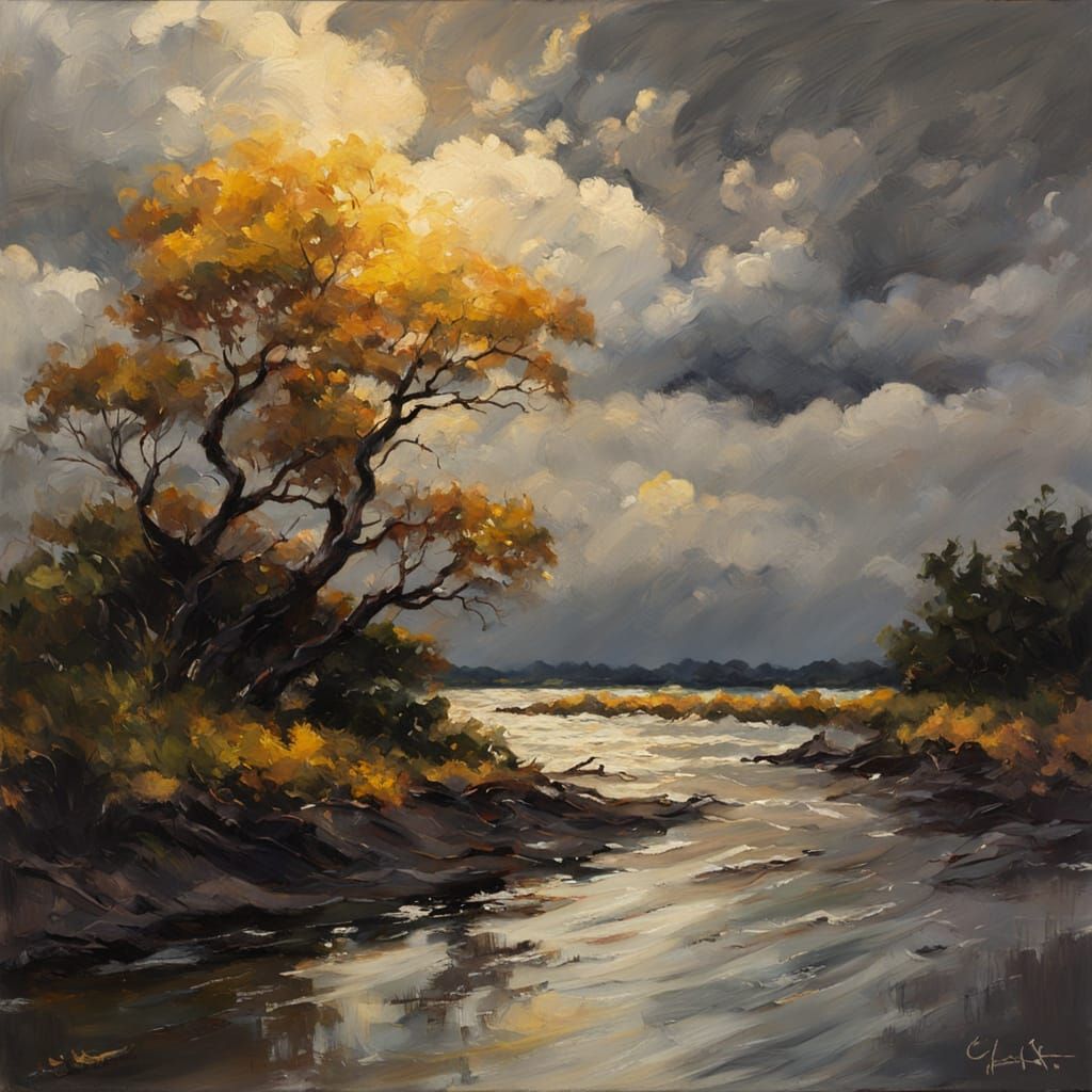 Wind Swept Trees in Impressionist Oil Painting