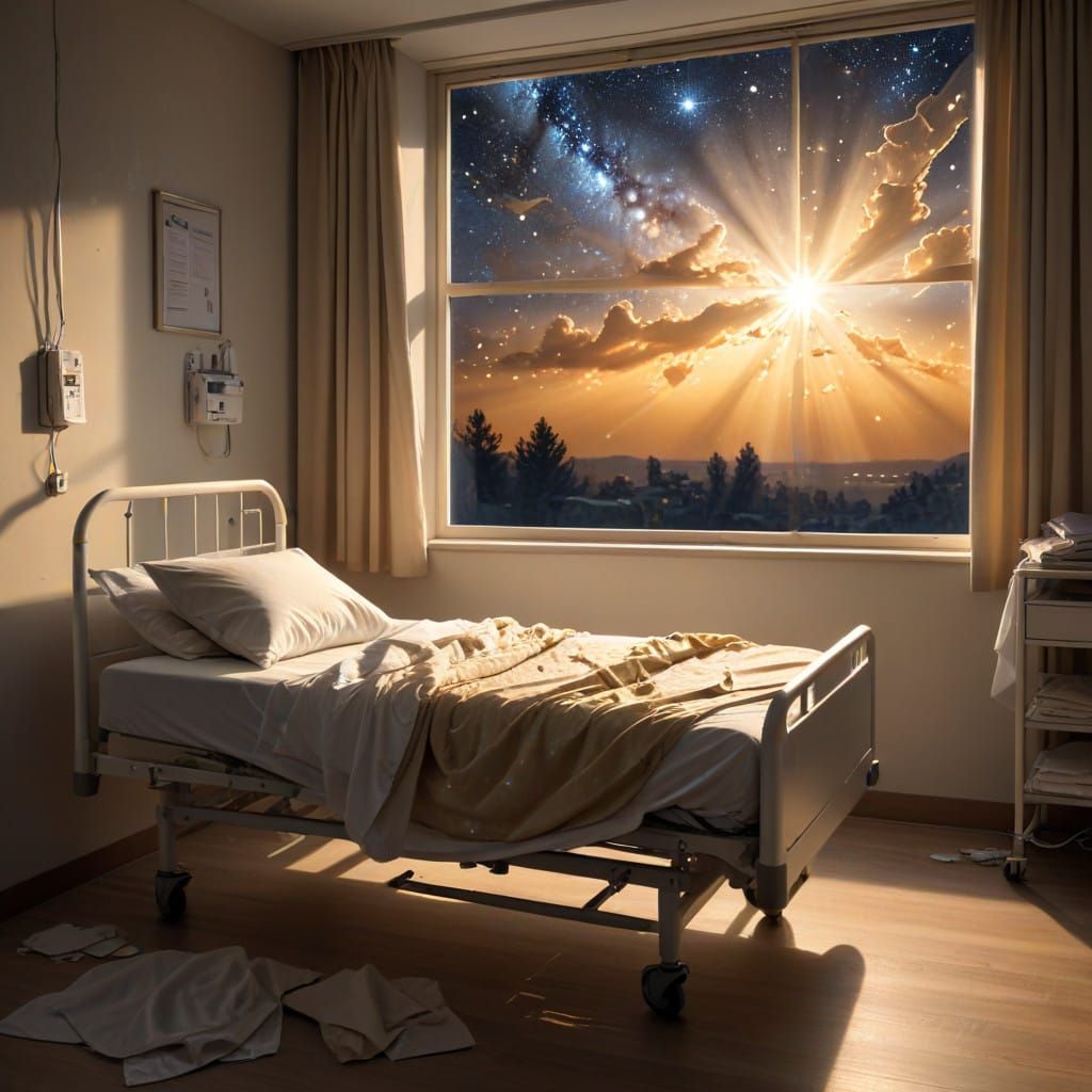 Empty Hospital Bed Under Starry Night Sky in Golden Light