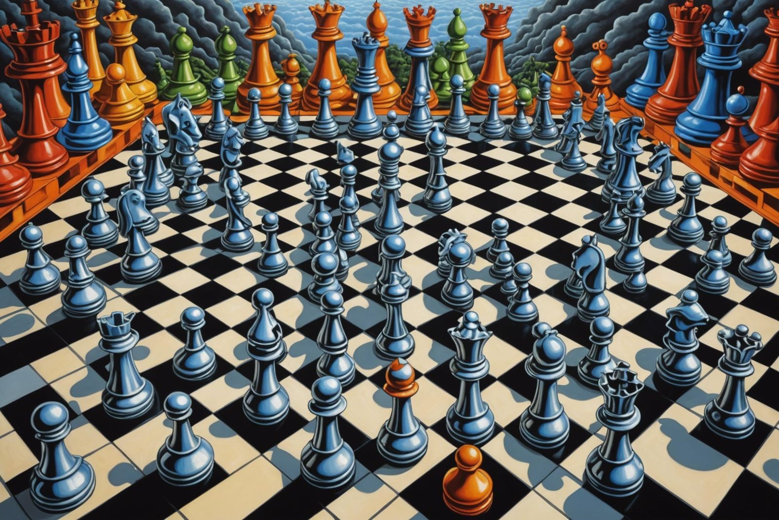 Surreal Chess World in Psychedelic Oil Painting Style