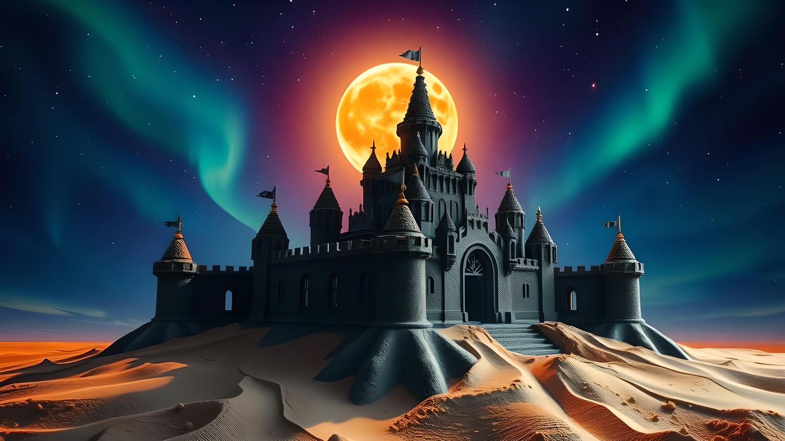 Hyperrealistic Black Sand Castle at Night
