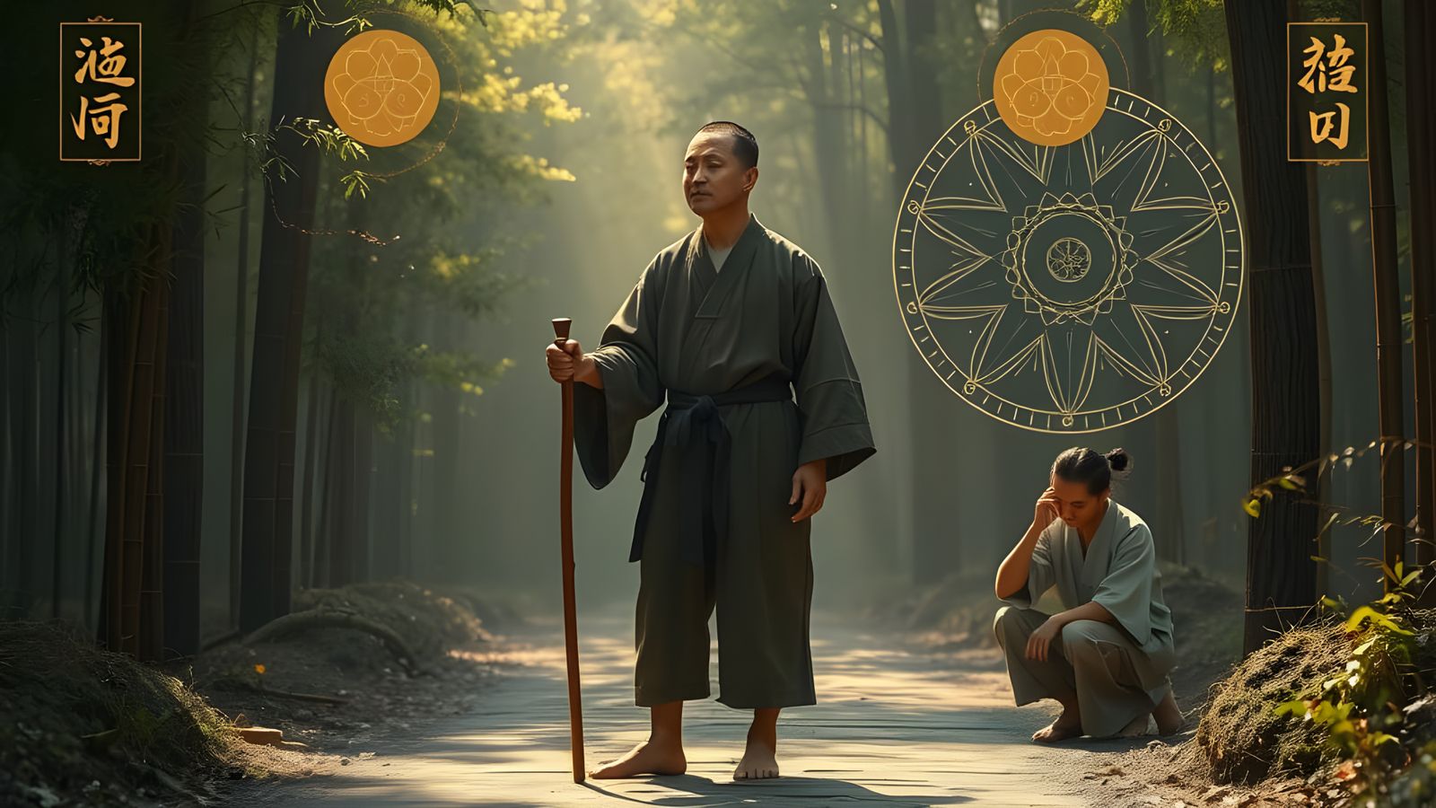 Blind Healer in Ancient Forest: Japanese Folklore Style