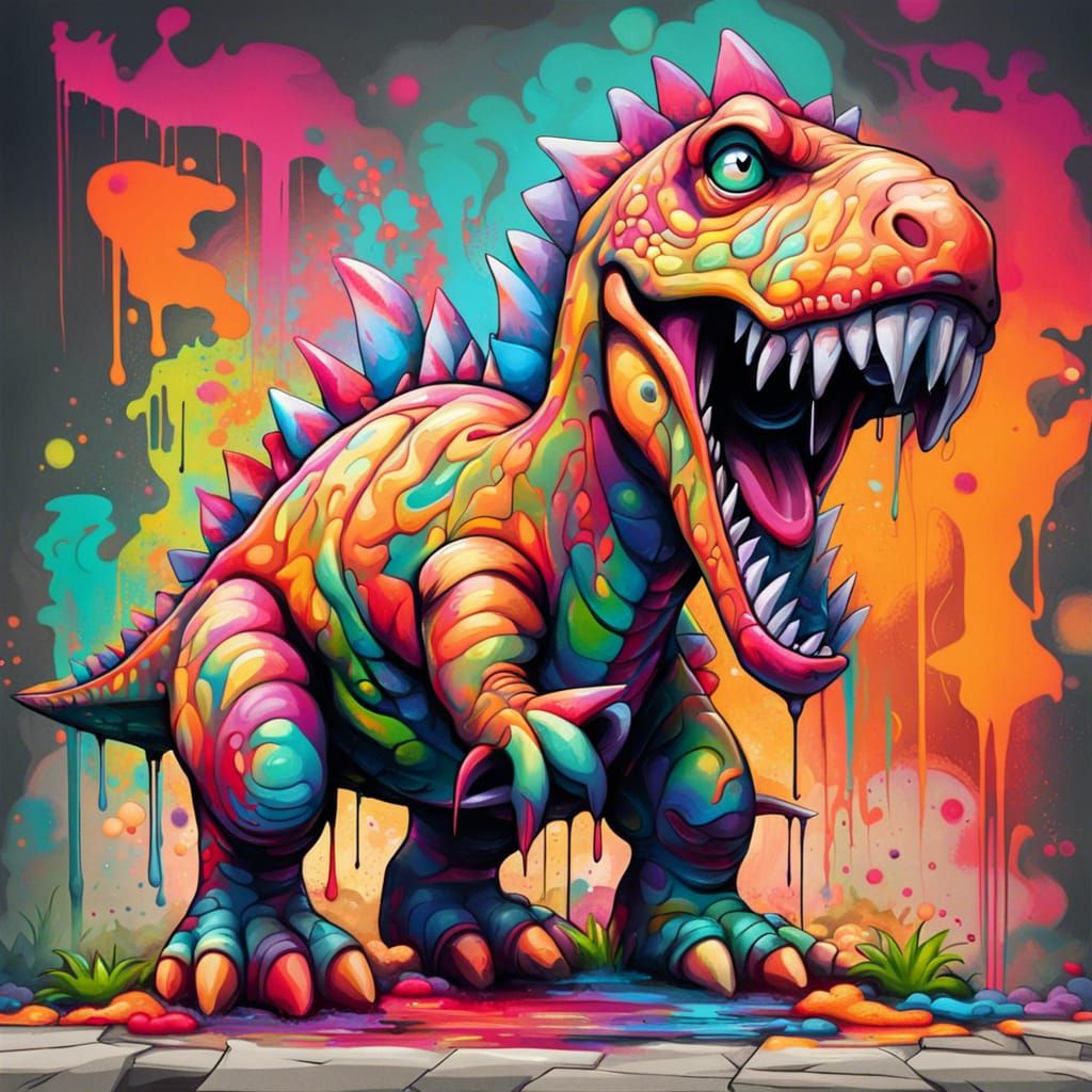 Dinosaur Graffiti Street Art: Pippen in Polychromatic Style