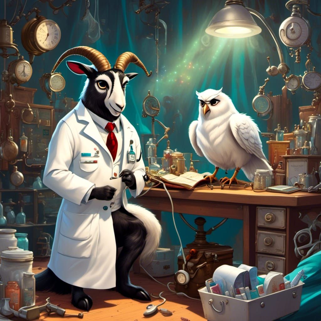 Goat Doctor Attends Owl in Cartoon Hospital