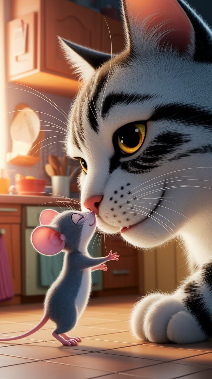 Tiny Mouse Tenderly Kisses a Sparkling Cat in a Charming Pix...