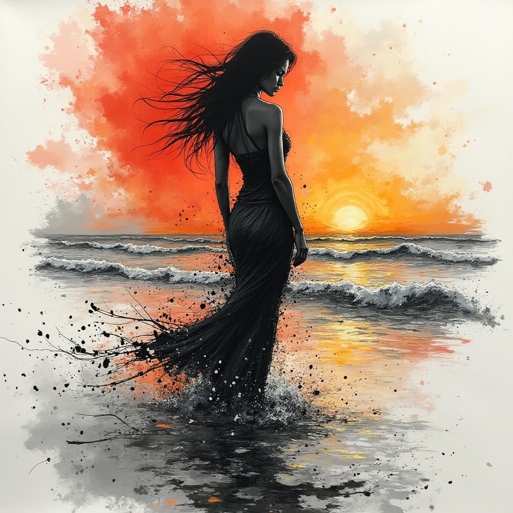Woman on Beach at Sunset in Abstract Mixed-Media Style
