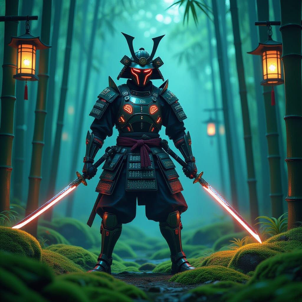 Futuristic Samurai Warrior in Neon Bamboo Forest