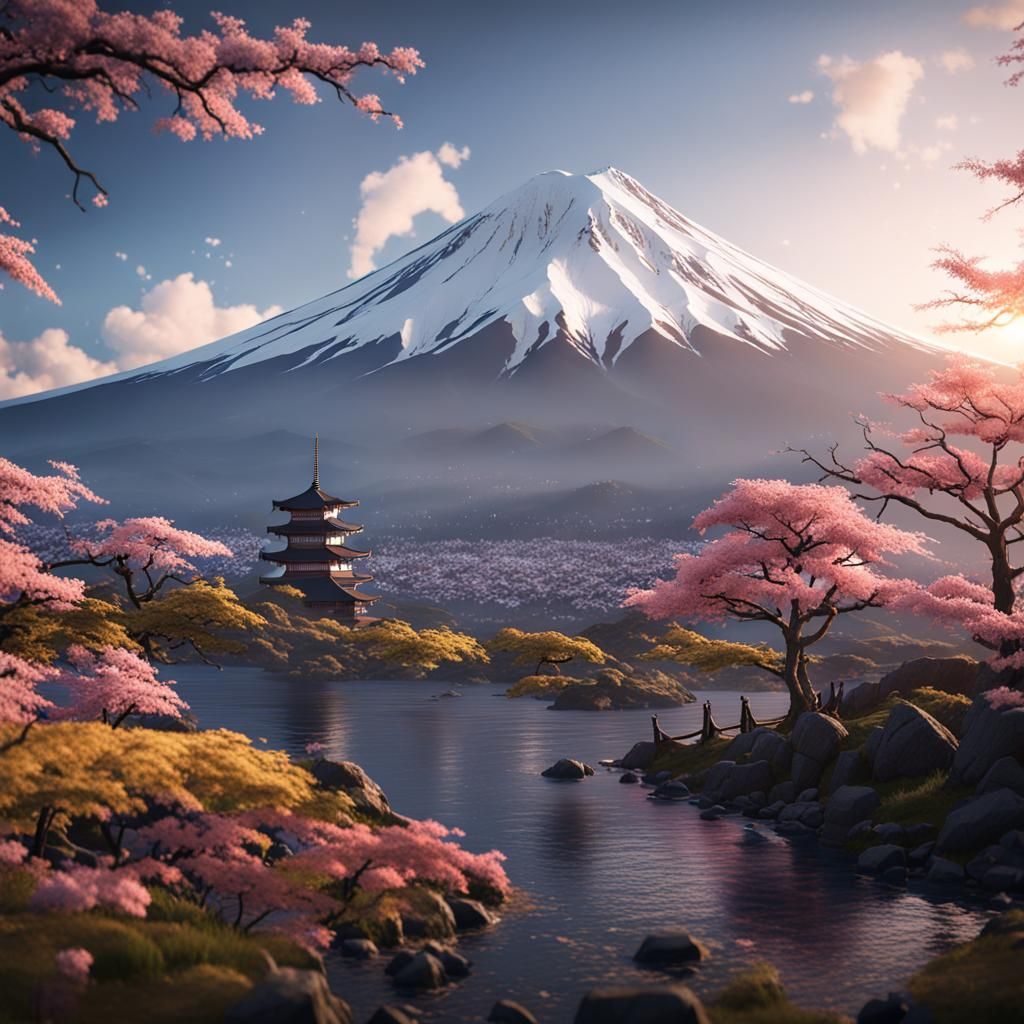 Mount Fuji in 3D Game Cinematic Style