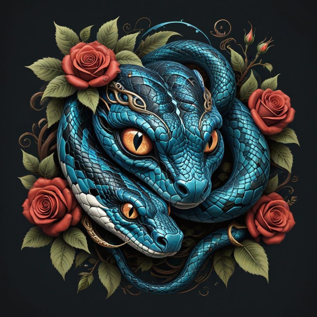 Mystical Snakes, Roses, and Eyes Stylized Illustration