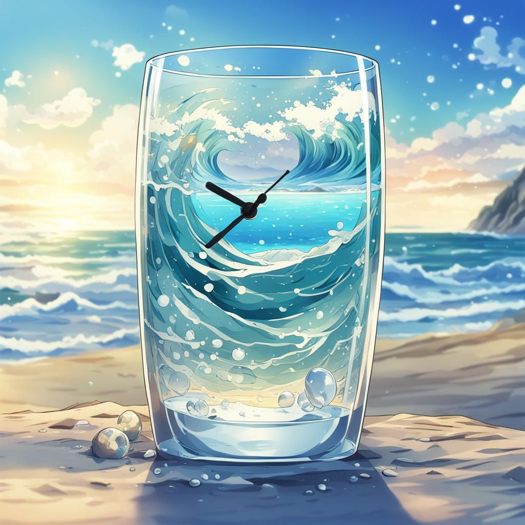 Anime-Style Glass on Beach at Sunset