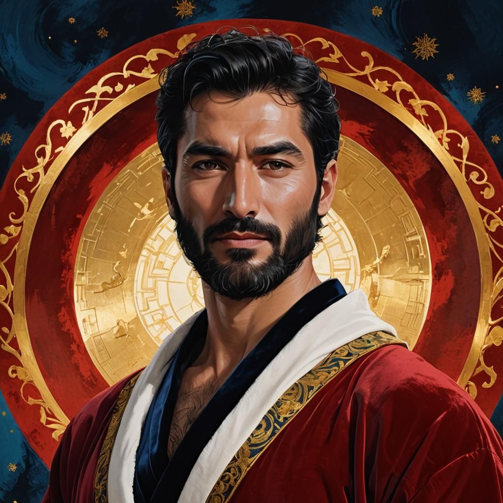 Divine Man with Golden Halo in Velvet Robe