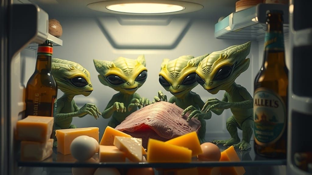 Green Aliens Feast Inside Refrigerator, Photorealistic Style