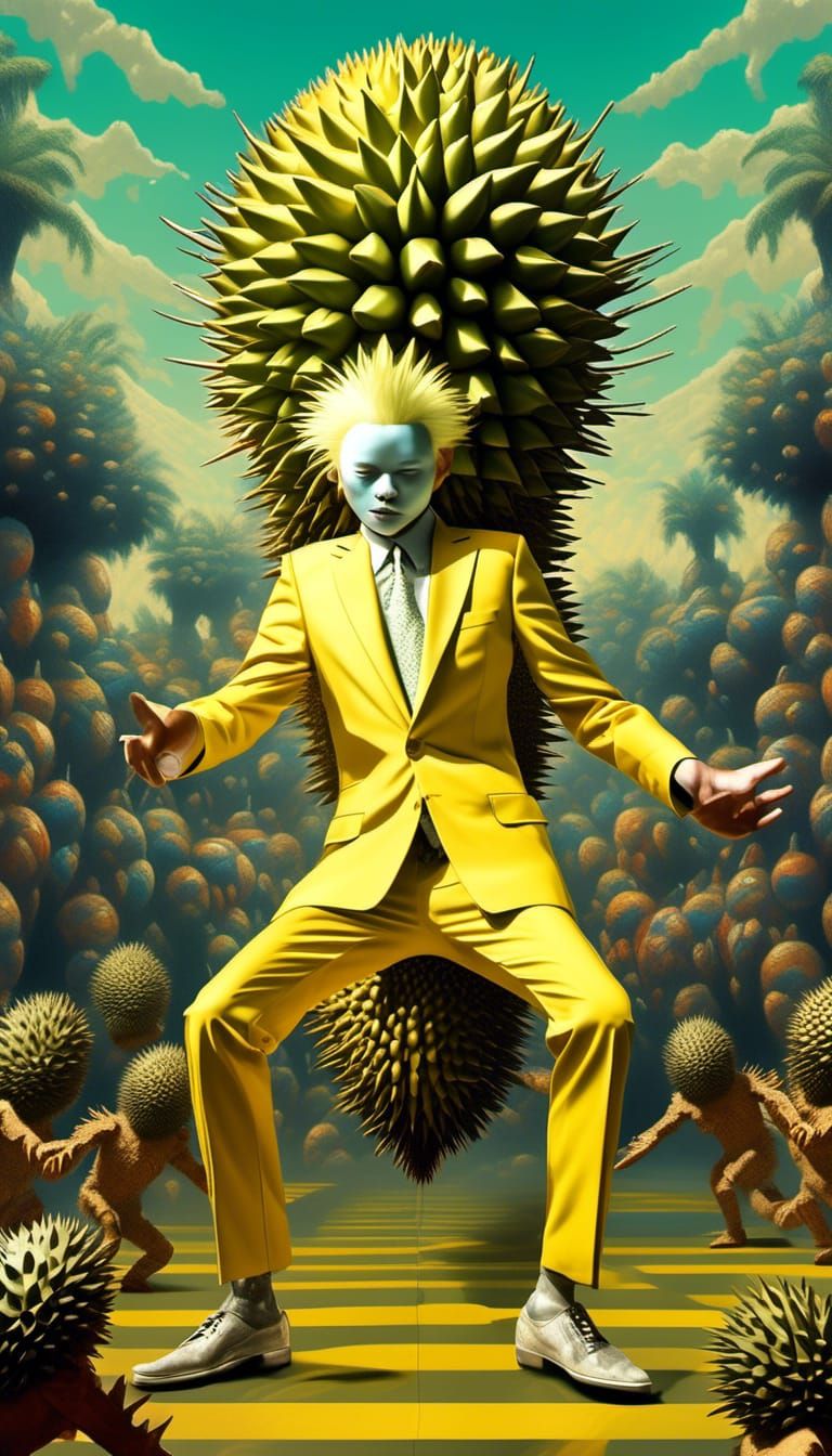 Dancing Durian Family in Surreal Sci-Fi Style