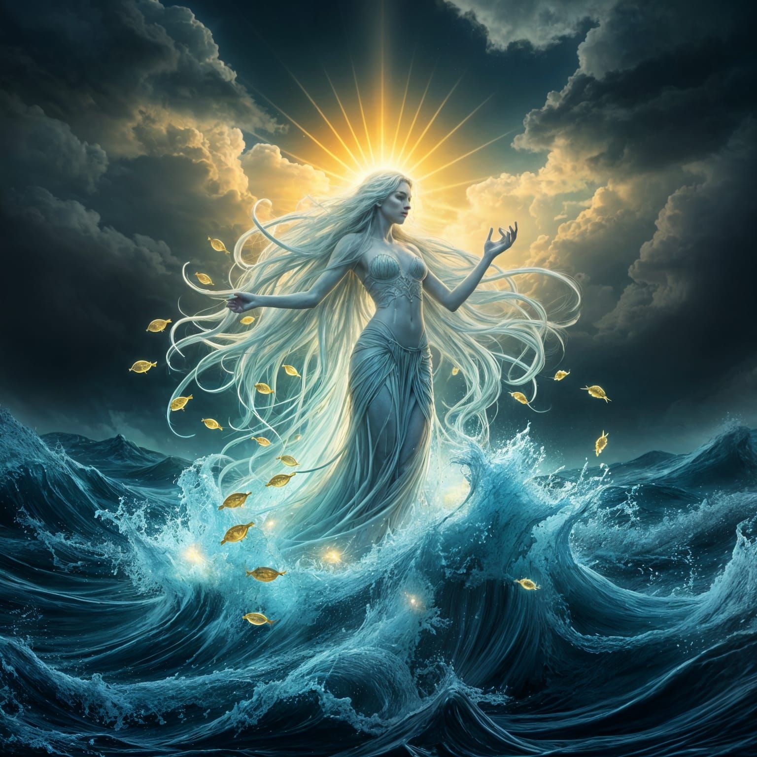 Surreal Ocean Goddess Emerges in Golden Light