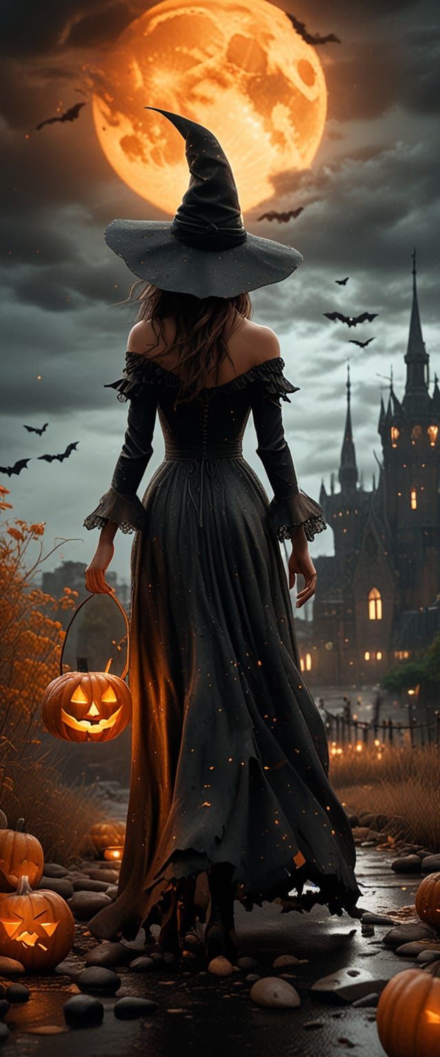 Young Witch with Jack-o'-Lantern in Gothic Castle