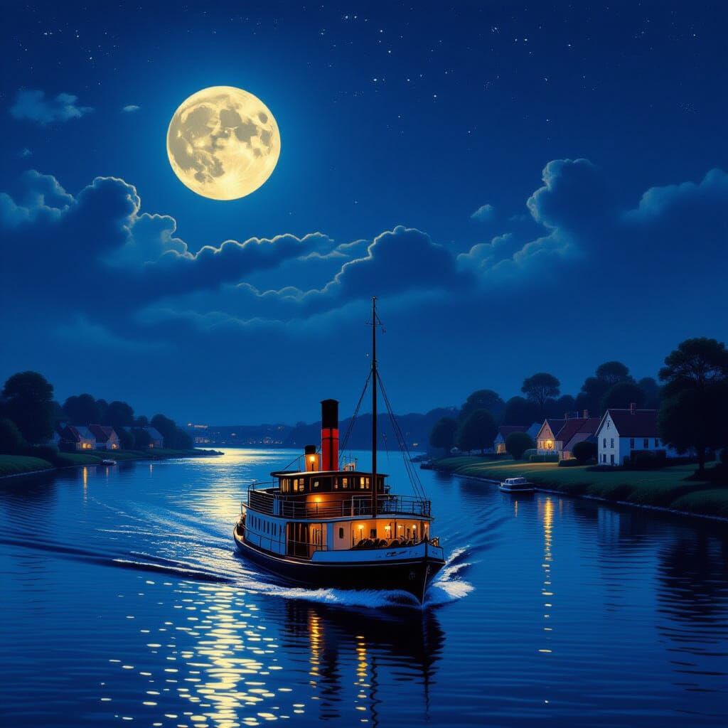 19th Century Paddle Steamer on Moonlit River