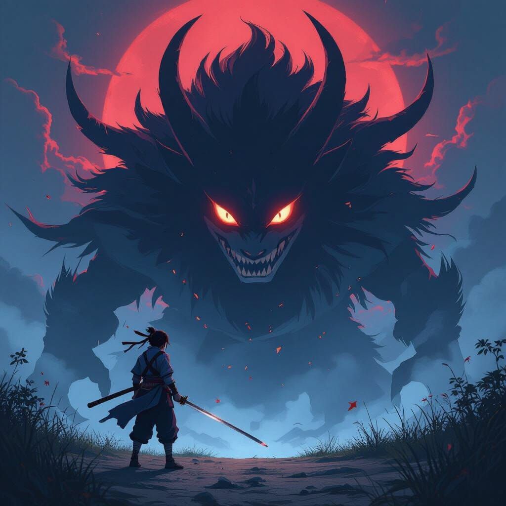 Ninja vs Colossal Creature in Dynamic Action Scene