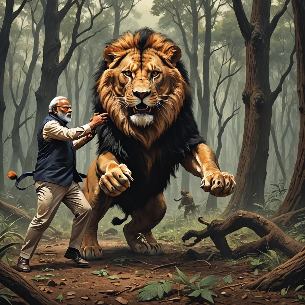 Man Battles Lion in Forest: Sinister Art