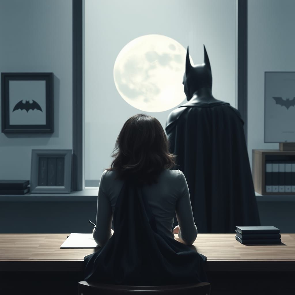 Batman Consults a Woman at Her Desk