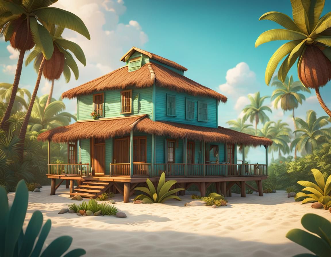 Caribbean Beach House in Pixar Style