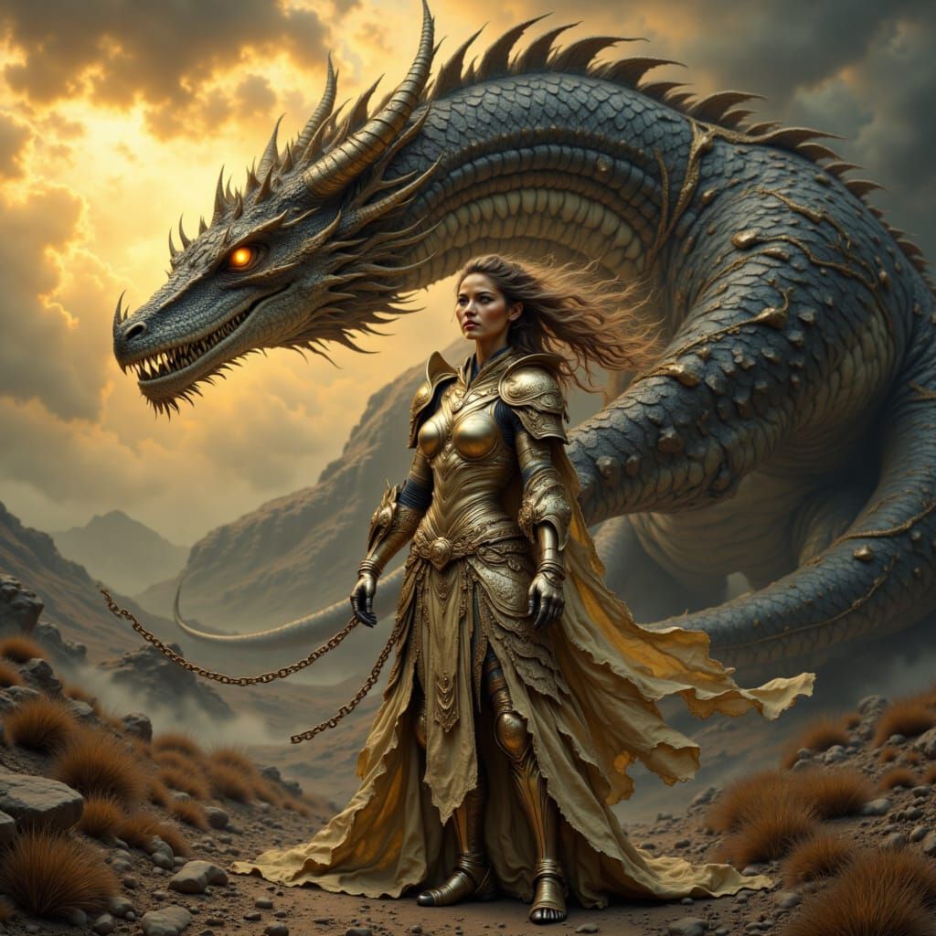 Dragon Warrior Woman in Epic Fantasy Scene